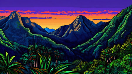 Beautiful tropical landscape with palm trees and mountains at sunset.の素材