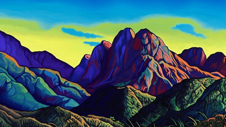 Colorful mountain landscape with green grass and blue sky. Digital painting.の素材