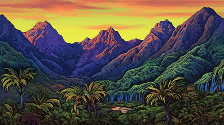 Tropical forest and mountains at sunset - illustration for children.の素材