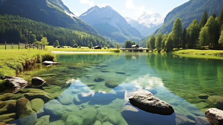 Alpine lake in the Swiss Alps. Landscape with mountain lake and forest.の素材