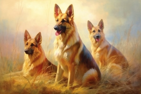 Three German Shepherd dogs sitting in the grass and looking at the cameraの素材