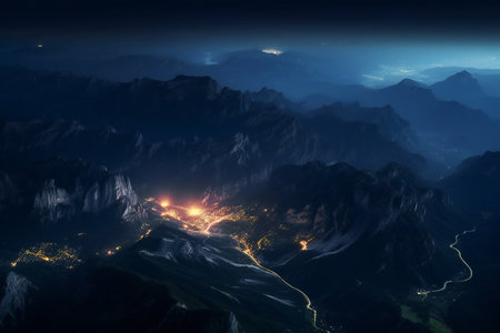 Mountain landscape at night. View from airplane window. Travel and adventure concept.の素材