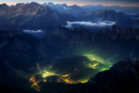Mountain landscape at night in the clouds. View from above.の素材