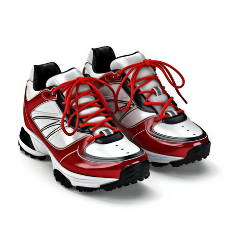 Red running shoes isolated on white background with shadowの素材