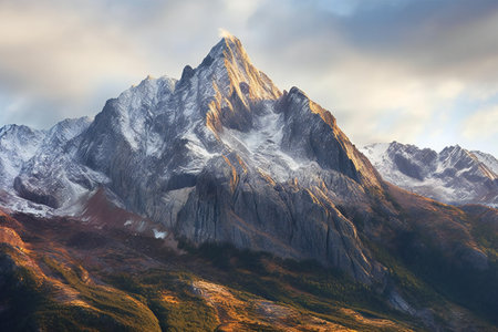 Beautiful autumn alpine landscape with snow-capped mountains and colorful forest at sunrise.の素材