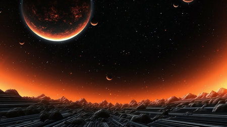 illustration of fantasy alien planet in space with planets and starsの素材