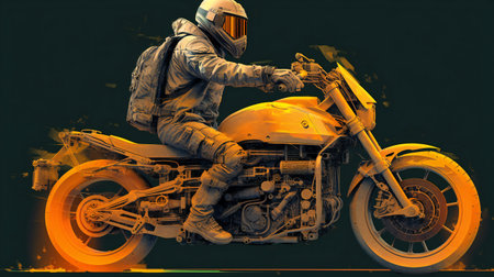 Motorcycle rider in helmet and leather jacket on color background. Motorcycle concept.の素材