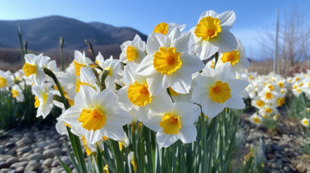 Narcissus flowers with mountains in the background, California, USAの素材