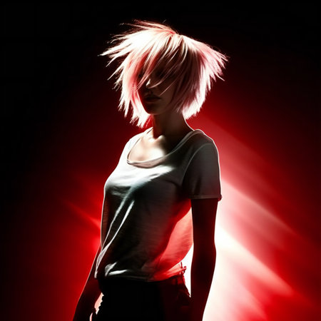 Portrait of a beautiful girl with short pink hair on a dark backgroundの素材