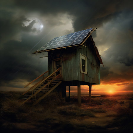 solar energy in a hut in the desert at sunset.の素材
