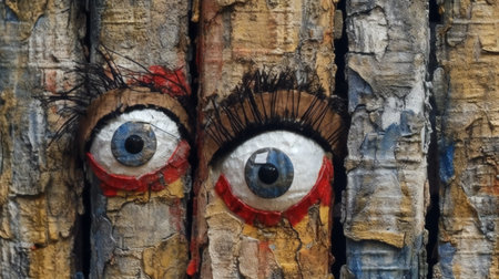 Funny painted eyes on the bark of a birch tree.の素材