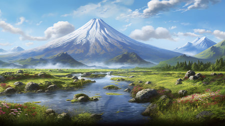 Mountains and meadow under blue sky.の素材