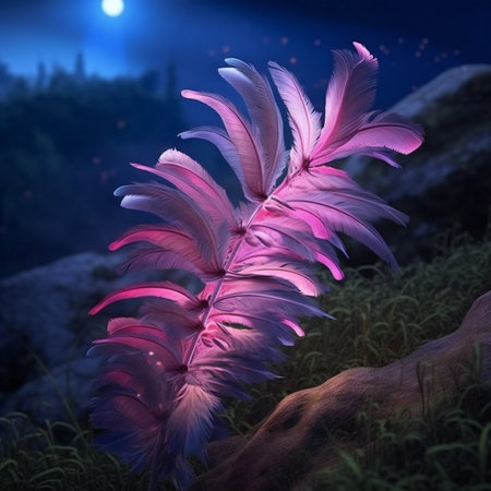 a pink feather on a rock in the forest at nightの素材
