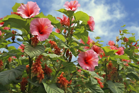 Pink hibiscus flowers in the garden on blue sky backgroundの素材