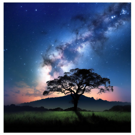Night landscape with starry sky, tree and milky way.の素材