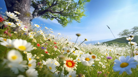Beautiful spring meadow with daisies and a lonely treeの素材