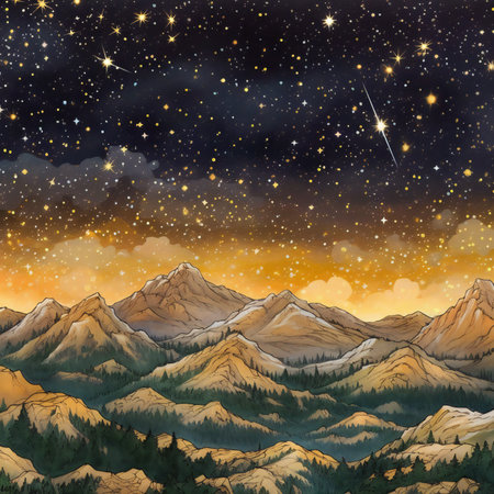 Mountain landscape with starry sky. Watercolor hand drawn illustrationの素材