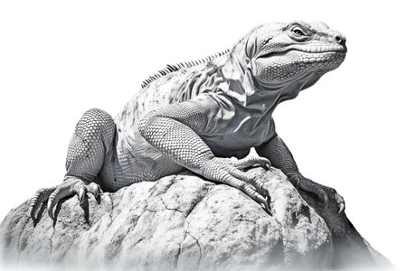 Iguana sitting on a rock in front of a white backgroundの素材