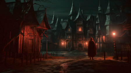 Halloween scene with haunted house and witch.の素材