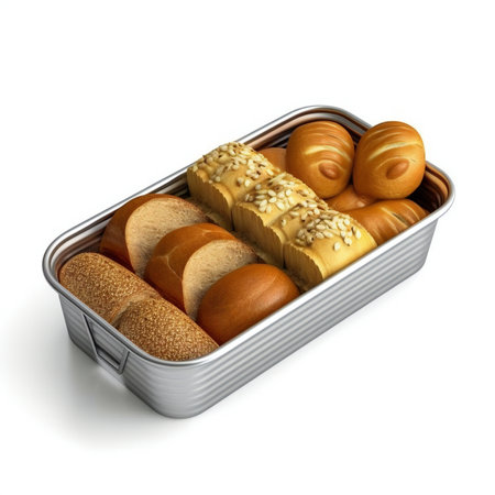 Bread in a metal box isolated on white background.の素材