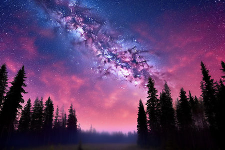 Milky Way in the night sky over the forest and mountains.の素材