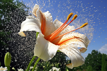 White lily flower in the garden with drops of water on itの素材