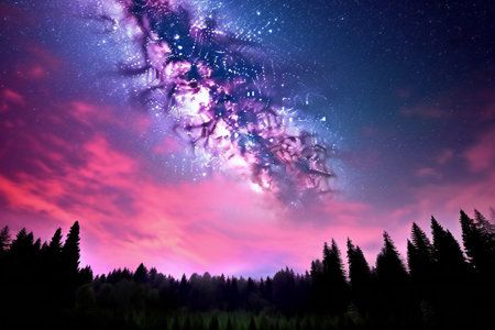 Milky Way over the forest at night. Colorful sky with starsの素材