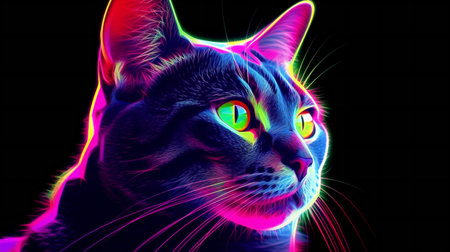 Illustration of a cat's face in neon light on a black backgroundの素材