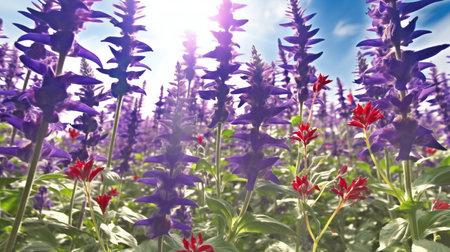 Purple salvia flowers blooming in the garden with blue sky backgroundの素材