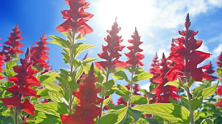 Red salvia flowers blooming in the garden with blue sky backgroundの素材