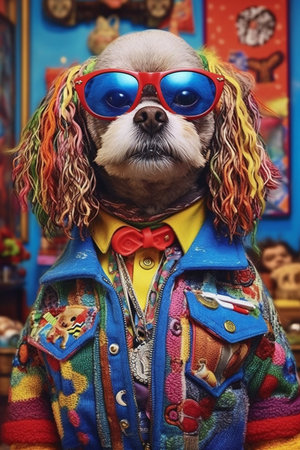 chihuahua dog dressed up as a clown with red glassesの素材