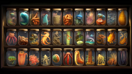 Colorful jellyfish in a glass jar on a dark background.の素材