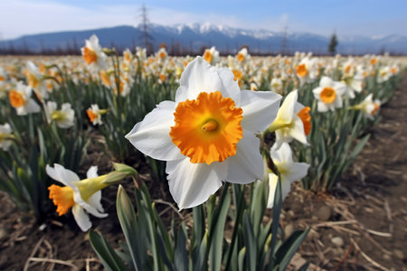 Narcissus flowers in the field. Narcissus is one of the first spring flowers.の素材