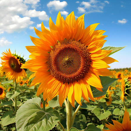 Sunflower field over cloudy blue sky background. Shallow depth of field.の素材