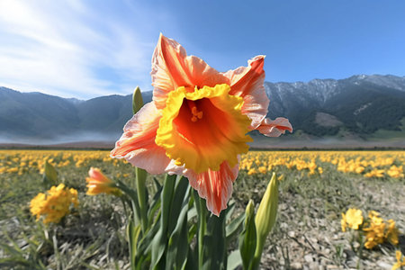 Daffodil flower in the field with mountains in the backgroundの素材