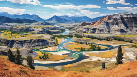 Panoramic view of colorful valley with river and mountains in backgroundの素材