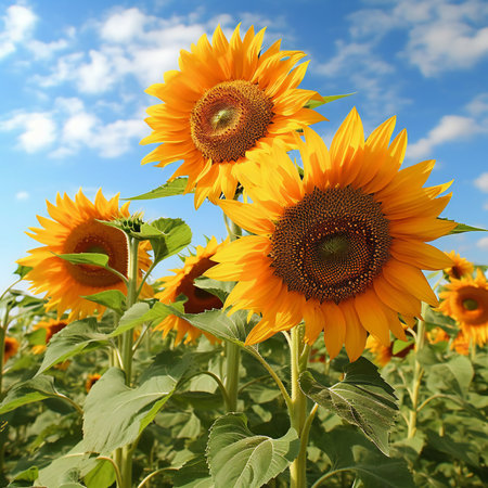 Sunflower field over cloudy blue sky background. Summer landscape with sunflowers.の素材