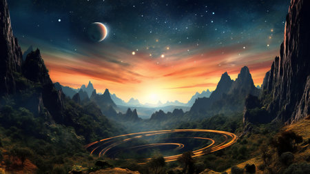 Fantasy landscape with mountain road and moon.の素材