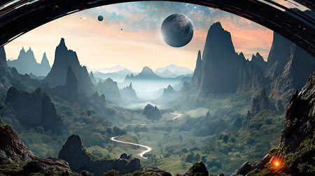 Fantasy alien planet. Mountain and river.の素材