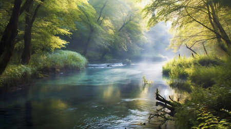 Mountain river in a sunny day. Beautiful landscape with a river and treesの素材