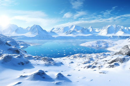 beautiful winter landscape with lake and mountains in the background,の素材