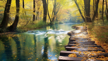 Autumn landscape with a river and wooden bridge in the forest.の素材