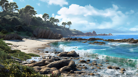 Panoramic view of the beach and coastline of the ocean.の素材