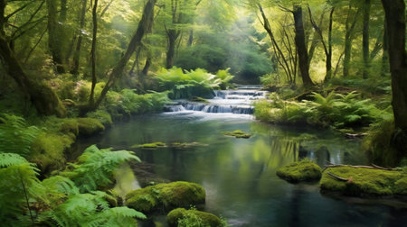 Waterfall in a green forest with ferns and moss.の素材