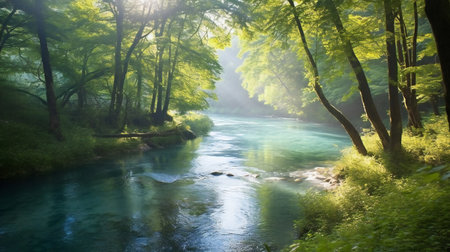 Beautiful landscape of green forest and river in the morning light.の素材