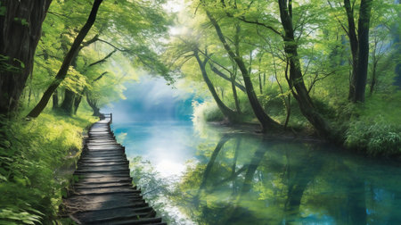 Beautiful landscape of green forest with wooden bridge over the river.の素材