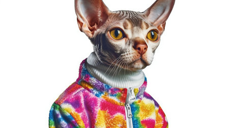 Sphynx cat in colorful clothes isolated on white background.の素材