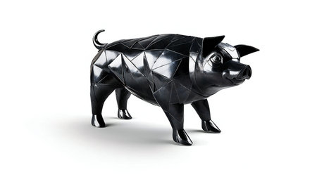 Black origami pig isolated on white background.の素材