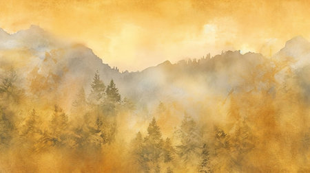 Autumn landscape. Foggy forest in the mountains. Digital painting.の素材