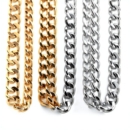 Gold, silver and bronze chain isolated on white background.の素材